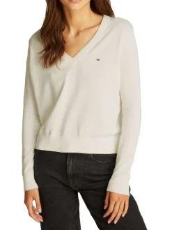 Pull en coton régénératif écru uni droit à col v et logo à la poitrine