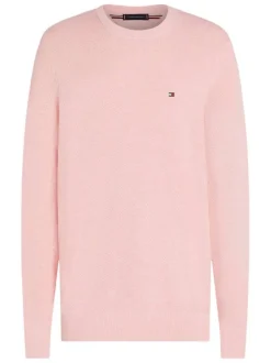 Pull en coton régénératif rose uni droit à col rond et manches longues