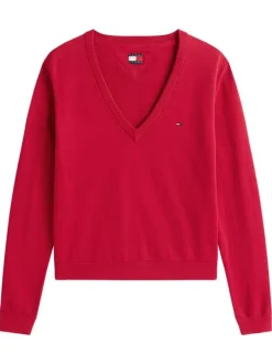 Pull en coton rose en maille tricotée pourvu d'un col v et de manches longues