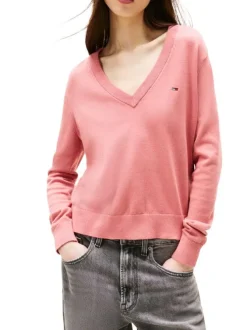 Pull en coton rose uni avec une coupe crop et un col en V profond