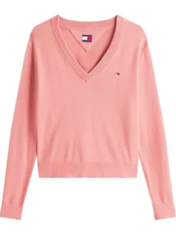 Pull en coton rose uni avec une coupe droite et un col v
