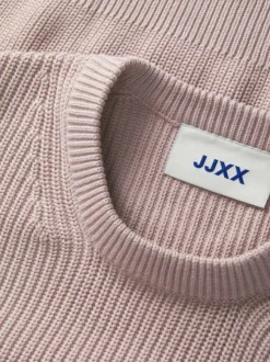 Pull en coton rose uni en maille tricotée à coupe droite et col rond