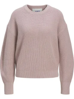 Pull en coton rose uni en maille tricotée à coupe droite et col rond
