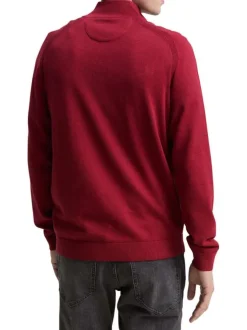 Pull en coton rouge uni avec un col camionneur côtelé à zip