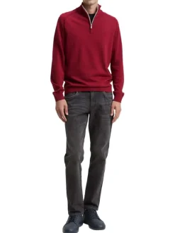 Pull en coton rouge uni avec un col camionneur côtelé à zip