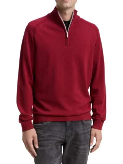 Pull en coton rouge uni avec un col camionneur côtelé à zip