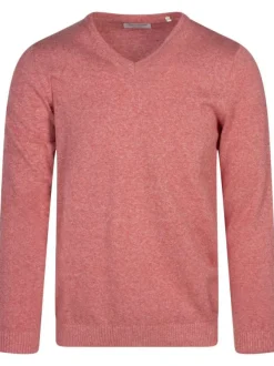 Pull en coton rouge uni coupe droite avec un col v et nom de la marque