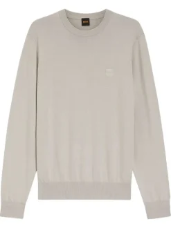 Pull en coton taupe uni avec une coupe droite et un col rond