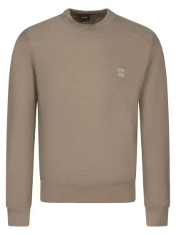 Pull en coton taupe uni à coupe ajustée avec un col rond et un logo brodé