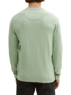 Pull en coton vert chiné avec un col rond et le logo de la marque brodé