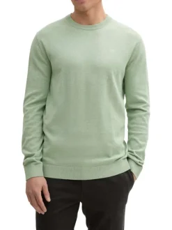 Pull en coton vert chiné avec un col rond et le logo de la marque brodé