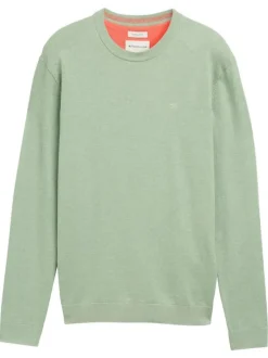 Pull en coton vert chiné avec un col rond et le logo de la marque brodé
