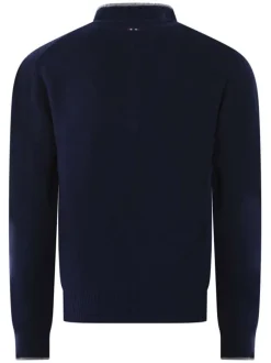 Pull en laine bleu marine uni avec un col montant et zippé et une coupe droite