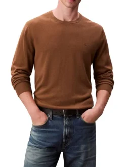 Pull en laine camel uni coupe ajustée col rond avec logo brodé