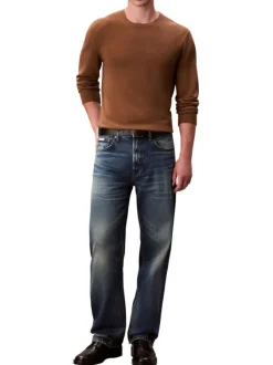 Pull en laine camel uni coupe ajustée col rond avec logo brodé