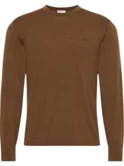Pull en laine camel uni coupe ajustée col rond avec logo brodé