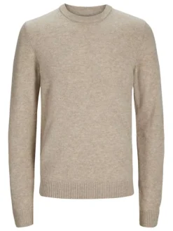 Pull en laine d'agneau beige chiné avec une coupe droite et un col rond