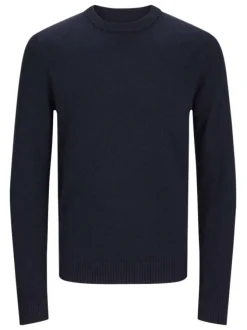 Pull en laine d'agneau marine uni avec une coupe droite et un col rond