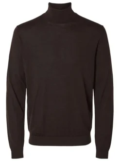 Pull en laine merinos chocolat uni avec une coupe droite et un col roulé
