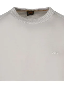 Pull en laine mélangée beige uni à col rond et avec le nom de la marque brodé