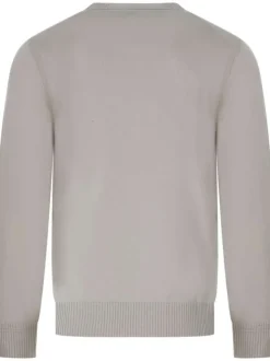 Pull en laine mélangée beige uni à col rond et avec le nom de la marque brodé