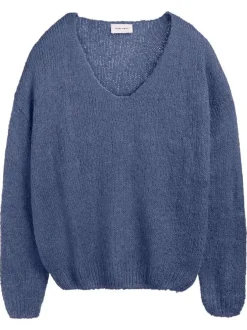 Pull en laine mélangée bleu uni avec un col v et une coupe droite