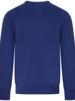 Pull en laine mélangée bleu uni à col rond et avec le nom de la marque brodé