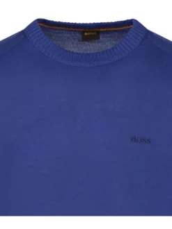 Pull en laine mélangée bleu uni à col rond et avec le nom de la marque brodé