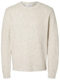 Pull en laine mélangée écru moucheté à coupe droite et col rond