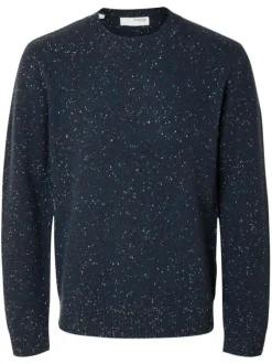 Pull en laine mélangée marine moucheté à coupe droite et col rond
