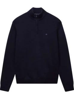 Pull en laine mélangée marine uni avec une coupe droite et un col camionneur