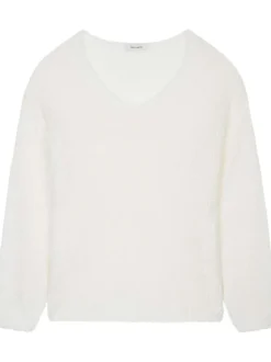 Pull en laine mélangée mohair blanc uni en maille jersey avec un col v