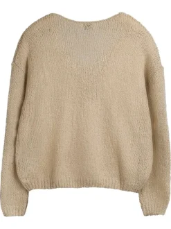 Pull en laine mélangée sable uni avec un col v et une coupe droite
