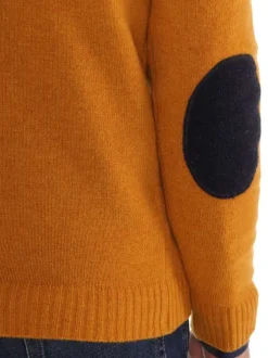 Pull en laine moutarde uni avec des renforts aux coudes et un col en V