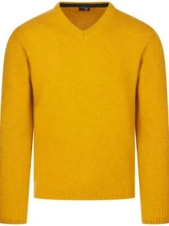 Pull en laine moutarde uni avec des renforts aux coudes et un col en V