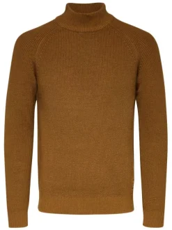 Pull en maille effet gaufrée marron en coton biologique coupe droite col cheminée