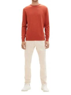 Pull en maille piquée de coton brique à coupe droite et col rond