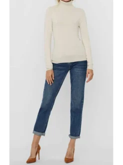 Pull femme écru uni stretch avec une coupe ajustée, des manches longues et un col roulé