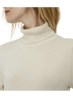 Pull femme écru uni stretch avec une coupe ajustée, des manches longues et un col roulé