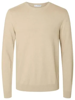 Pull fin en coton beige chiné avec une coupe droite et un col rond