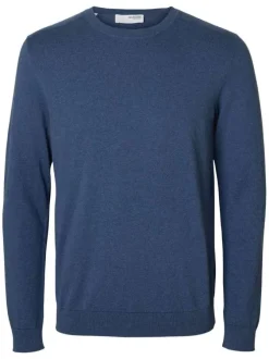 Pull fin en coton bleu indigo chiné avec une coupe droite et un col rond
