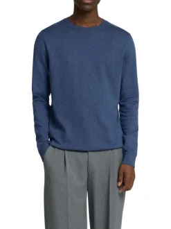 Pull fin en coton bleu indigo chiné avec une coupe droite et un col rond