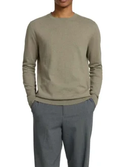 Pull fin en coton vert chiné avec une coupe droite et un col rond