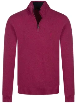 Pull framboise uni coupe droite à col montant et zippé et avec manches longues