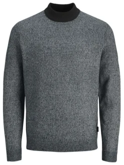 Pull gris anthracite chiné à coupe droite et à col montant noir en bord-côte
