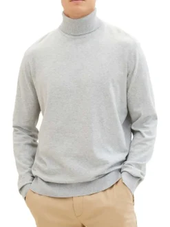 Pull gris clair chiné à coupe droite col roulé et à manches longues