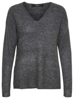 Pull gris en maille jersey à coupe droite col v et à manches longues