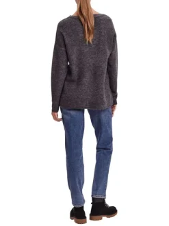 Pull gris en maille jersey à coupe droite col v et à manches longues