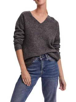 Pull gris en maille jersey à coupe droite col v et à manches longues