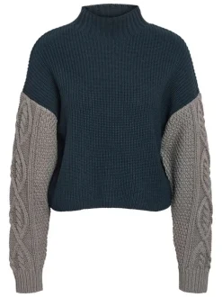 Pull gris et bleu en maille jersey à coupe oversize avec un col montant
